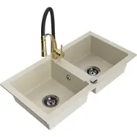 Mexen Mario granieten gootsteen met 2 koen en keukenkraan Aster, beige - 6504-69-73450-57-B