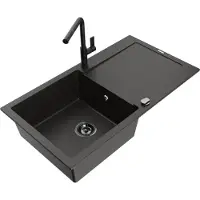Mexen Leo granieten gootsteen 1-kompartiment met afdruiprek en Flora keukenkraan, zwart/goud metallic - 6501-75-670401-70-B