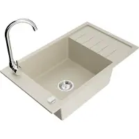 Mexen Elias granieten spoelbak 1-komerig met afdruiprek en Telma keukenkraan, beige - 6511-69-670200-00