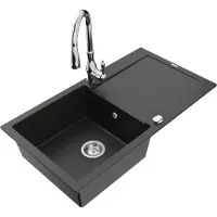 Mexen Leo granieten spoelbak met 1 kuip en afdruiprek en keukenkraan Savita, zwart/goud metallic - 6501-75-672601-00