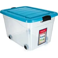 Kadax Kunststof container met wieltjes, opbergdoos van kunststof, organizer met deksel, clipbox voor speelgoed, opbergdoos met kliksluiting (60 l, blauw)