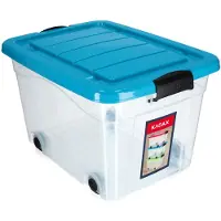 Kadax Kunststof container met wieltjes, 40 liter, blauwe opbergdoos van kunststof, organizer met deksel, clipbox voor speelgoed, opbergcontainer met kliksluiting