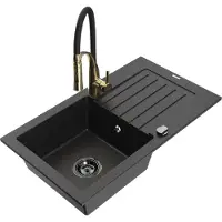 Mexen Pablo granieten gootsteen 1-komorige met afdruiprek en keukenkraan Aster, zwart/zilveren metallic - 6510-73-73450-57-B