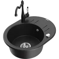 Mexen Kevin granit gootsteen met 1 bak, met afdruiprek en keukenmengkraan Carla, zwart/zilver metallic - 6517-73-670700-70