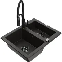 Mexen Carlos granieten spoelbak 1,5-compleet met keukenmengkraan Aster, zwart/goud metallic - 6518-75-73450-70-B
