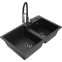 Mexen Tomas granieten gootsteen met 2 koen en keukenmengkraan Aster, zwart/zilver metallic - 6516-73-73450-07-B