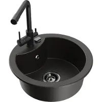 Mexen Diego granieten gootsteen met 1 bak met keukenkraan Duero, zwart/goud metallic - 6512-75-671600-70-B