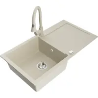Mexen Leo granieten gootsteen 1-kompartment met afdruiprek en keukenmengkraan Elia, beige - 6501-69-670101-69