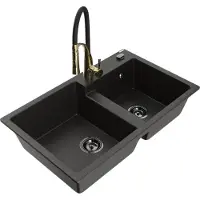 Mexen Tomas granieten gootsteen met 2 spoelbakken en keukenmengkraan Aster, zwart/gouden metallic - 6516-75-73450-57-B