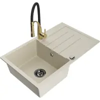 Mexen Bruno granieten spoelbak met 1 bak, afdruiprek en keukenmengkraan Aster, beige - 6513-69-73450-57-B