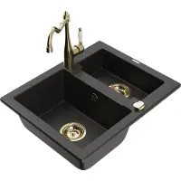 Mexen Carlos granieten spoelbak 1,5 kamer met keukenmengkraan Carla, zwart/gouden metallic - 6518-75-670700-50