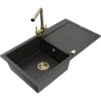 Mexen Leo granieten spoelbak met 1 bak, afdruiprek en Duero keukenmengkraan, zwart/goud metallic - 6501-75-671600-50