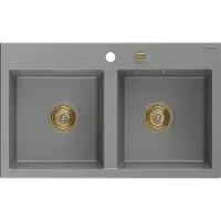 Mexen Hektor granieten spoelbak 2-kamer 800 x 480 , grijs, gouden sifon - 6521802000-71-G