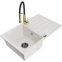 Mexen Bruno granieten gootsteen 1-kompartment met afdruiprek en keukenmengkraan Aster, wit - 6513-20-73450-57-B