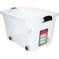 Kadax Kunststof container met wieltjes, 60 liter, transparante opbergdoos van kunststof, organizer met deksel, clipbox voor speelgoed, opbergdoos met kliksluiting