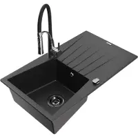 Mexen Cesar granieten spoelbak 1-koers met afdruipplaat en keukenmengkraan Aster, zwart/zilver metallic - 6514-73-73450-07-B