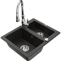 Mexen Carlos granieten spoelbak 1,5-komor met keukenmengkraan Savita, zwart/gouden metallic - 6518-75-672601-00