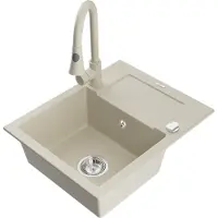 Mexen Enzo granieten spoelbak met 1 kom, afdruipblad en keukenmengkraan Elia, beige - 6506-69-670101-69