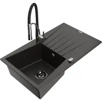 Mexen Cesar granieten spoelbak 1-komorige met afdruiprek en keukenmengkraan Aster, zwart/goud metallic - 6514-75-73450-07-B