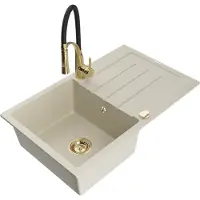 Mexen Bruno granieten gootsteen met 1 bak en afdruiprek en keukenmengkraan Aster, beige - 6513-69-73450-57-G
