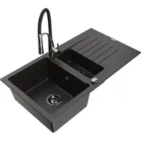Mexen Matias granieten gootsteen 1,5-komor met afdruiprek en keukenmengkraan Aster, zwart/goud metallic - 6502-75-73450-07-B