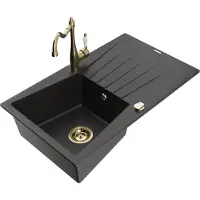 Mexen Cesar granieten spoelbak 1-komp met afdruiprek en keukenkraan Carla, zwart/zilveren metallic - 6514-73-670700-50