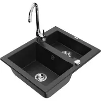 Mexen Carlos granieten gootsteen 1,5-kamer met Telma keukenkraan, zwart/zilver metallic - 6518-73-670200-00