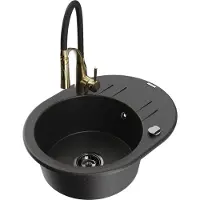 Mexen Kevin granieten gootsteen 1-komor met afdruiprek en keukenkraan Aster, zwart/zilver metallic - 6517-73-73450-57-B
