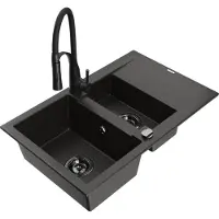 Mexen Gaspar granieten gootsteen 1,5-komers met afdruiprek en keukenkraan Aster, zwart/goud metallic - 6507-75-73450-70-B