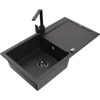 Mexen Leo granieten gootsteen 1-kompartment met afdruiprek en keukenmengkraan Rita, zwart/gouden metallic - 6501-75-670300-70-B