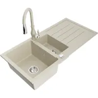 Mexen Andres granieten spoelbak 1,5-baks met afdruiprek en keukenkraan Savita, beige - 6515-69-672601-69