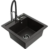 Mexen Vito granieten spoelbak 1-komers met keukenmengkraan Aster, zwart/gouden metallic- 6503-75-73450-07-B