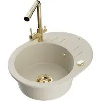 Mexen Kevin granieten spoelbak 1-kamer met afdruiprek en keukenmengkraan Duero, beige - 6517-69-671600-50