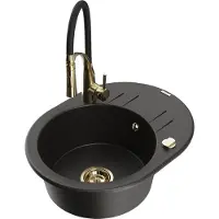 Mexen Kevin granieten gootsteen 1-koer met afdruiprek en keukenmengkraan Aster, zwart/goud metallic - 6517-75-73450-57-G