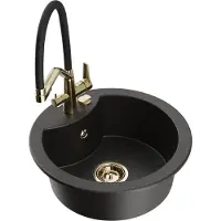 Mexen Diego granieten spoelbak met 1 bak, keukenmengkraan Duo, zwart/goud metallic - 6512-75-671701-57-G