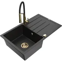 Mexen Bruno granieten spoelbak met 1 bak, afdruiprek en Aster keukenkraan, zwart/zilver metallic - 6513-73-73450-57-G