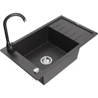 Mexen Elias granieten spoelbak 1-comapati met afdruiprek en keukenmengkraan Telma, zwart gespikkeld - 6511-76-670200-70