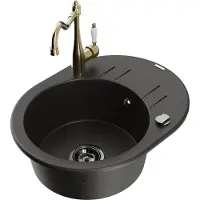 Mexen Kevin granieten spoelbak 1-komors met afdruiprek en keukenkraan Carla, zwart/goud metallic - 6517-75-670700-50-B