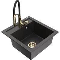 Mexen Vito granieten spoelbak met 1 kom en Aster keukenmengkraan, zwart gespikkeld - 6503-76-73450-57-G