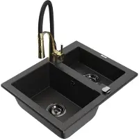 Mexen Carlos 1,5-comparteerm granieten gootsteen met Aster keukenkraan, zwart/zilver metallic - 6518-73-73450-57-B