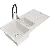 Mexen Andres granieten gootsteen 1,5-kamer met afdruiprek en keukenmengkraan Aster, wit - 6515-20-73450-07