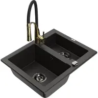 Mexen Carlos granieten spoelbak 1,5-kamerig met keukenkraan Aster, zwart/gouden metallic - 6518-75-73450-57-B