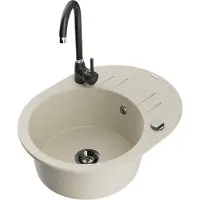 Mexen Kevin granieten gootsteen met 1 bak, afdruiprek en Telma keukenmengkraan, beige - 6517-69-670200-70