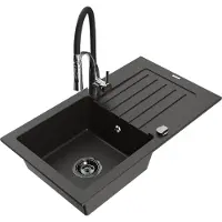 Mexen Pablo granieten spoelbak met 1 bak en afdruiprek en keukenmengkraan Aster, zwart/goud metallic - 6510-75-73450-07-B
