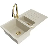 Mexen Matias granieten spoelbak 1,5-kom met afdruiprek en keukenmengkraan Elia, beige - 6502-69-670101-50