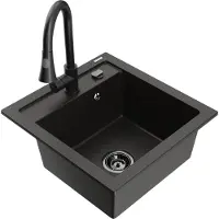 Mexen Vito granieten spoelbak 1-compartiment met keukenmengkraan Elia, zwart/gouden metallic - 6503-75-670101-70-B