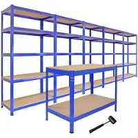 Monster Racking 5x T-Rax rek + werkbank set 200kg/plank blauw staal garage schuur stelling bundel