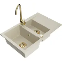 Mexen Gaspar granieten spoelbak 1,5-komoors met afdruiprek en Telma keukenkraan, beige - 6507-69-670200-50