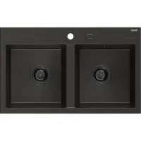 Mexen Hektor granieten spoelbak 2-compartimenten 800 x 480 , zwart/gouden metallic, zwarte sifon - 6521802000-75-B