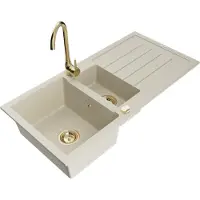 Mexen Andres granieten spoelbak 1,5-komorige met afdruiprek en keukenkraan Telma, beige - 6515-69-670200-50